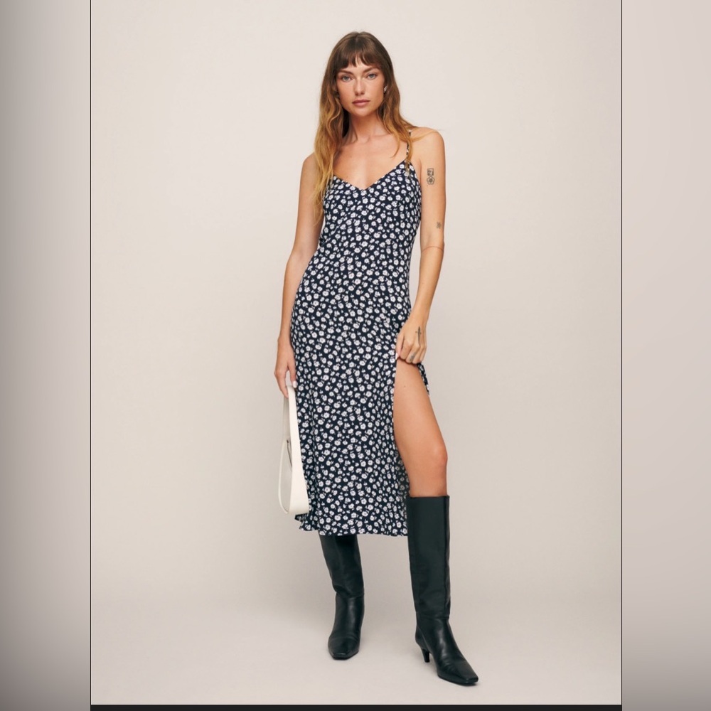 Reformation Crimini Black Floral Slip Dress with White Daisy Print